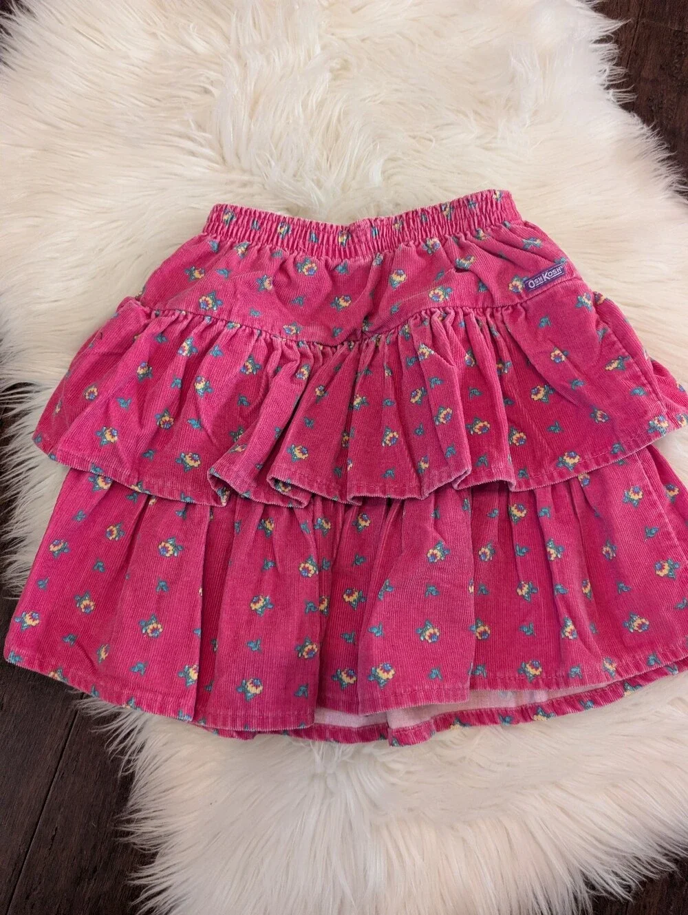 OshKosh B'gosh Vintage 90s 80s Hot Pink Floral Tiered Corduroy Skirt Size 6